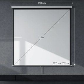 HOMCOM Ecran de Proiecție 120 Inch Format 1:1, Ecran Rulabil cu Unghi de 160° și Montare pe Tavan sau Perete, 223x8x223 cm, Alb | Aosom Romania