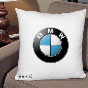 Perna Personalizata cu emblema BMW, 40x40 cm, Alb Pufos, Husa Detasabila, Perna Inclusa, BEKZ®