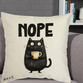 Perna Decorativa NOPE Pisica Neagra Cafea, 40x40 cm, Ecru, Husa Detasabila, Perna Inclusa, BEKZ®