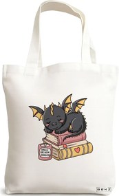 Sacosa de Panza pentru Cumparaturi, Geanta Tote, model Smells like book dragon 38 x 34.5 cm, Alba, BEKZ®