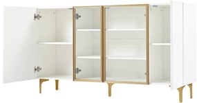 Comodă cu 4 uși, sticlă &amp; metal, mult spațiu de depozitare, 150x38x85 cm, Alb