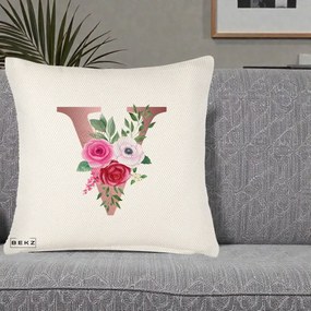 Cadou Personalizat - Perna Personalizata Monograma Rose Gold Litera V, 40x40 cm, Crem Reliefat, Husa Detasabila, Perna Inclusa, BEKZ®