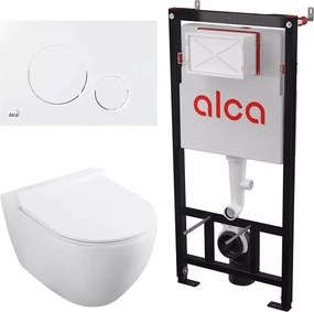 Set rezervor WC cu cadru incastrat Alca AM101/1120 si clapeta M676 alb mat plus vas WC Fluminia Minerva cu capac softclose alb