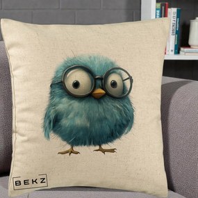 Perna Decorativa Pui Pufos Teal cu Ochelari, 40x40 cm, Bej, Husa Detasabila, Perna Inclusa, BEKZ®