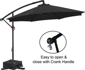 Umbrelă suspendată de grădină, cu braț lateral și manivelă, impermeabilă, protecție UV, bază în cruce inclusă + BONUS sac greutate (weights bag inclus), Negru