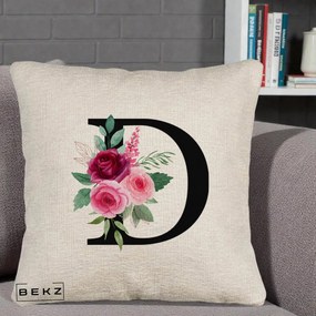 Cadou Personalizat - Perna Personalizata Monograma Florala Litera D, 40x40 cm, Bej Canapea, Husa Detasabila, Perna Inclusa, BEKZ®