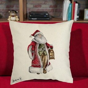 Perna Decorativa Mos Craciun Vintage cu Felinar, 40x40 cm, Ecru, Husa Detasabila, Perna Inclusa, BEKZ®