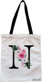 Sacosa de Panza pentru Cumparaturi, Geanta Tote, Cu litera N si Trandafiri, Cu fermoar, 38x34.5 cm, Alba, BEKZ®