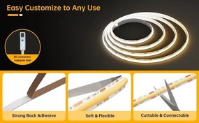 Kit Bandă LED COB cu Telecomandă – 5 m, Lumină Caldă 3000 K, 14 W/m, 24 V, Transformator 72 W 💡
