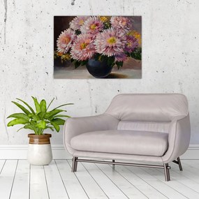 Tablou pe sticlă - Pictură în ulei, flori în vază (70x50 cm)