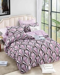 Lenjerie de pat cu 2 fete, tesatura tip finet, pat 2 persoane, alb / roz, 6 piese, FNJ-248