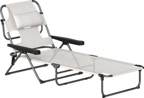 Outsunny Șezlong de grădină pliabil, spătar reglabil pe 4 niveluri, orificiu pentru lectură și suport pentru cap 72 x 194 x 89 cm crem | Aosom Romania