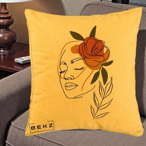 Perna Decorativa Portret Feminin Trandafir Ruginiu, 40x40 cm, Galben, Husa Detasabila, Perna Inclusa, BEKZ®