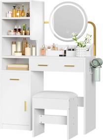 SEA825 - Set Masa toaleta 80 cm, 3 Sertare, Oglinda cu LED, Suport Uscator Par, masuta vanity, make-up cu Scaun - Alb - Auriu