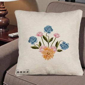 Perna Decorativa Buchet Primavara Acuarela, 40x40 cm, Bej Canapea, Husa Detasabila, Perna Inclusa, BEKZ®