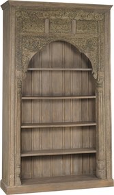 Bibliotecă sculptată din lemn masiv de teak, finisaj natural antichizat, 4 rafturi deschise, piesă unicat, 168×56×272 cm, „Dharma"