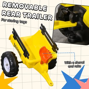 HOMCOM Tractor de Pedalat pentru Copii de 3+ Ani cu Remorcă, Greblă, Lopată și Claxon, 133x42x51 cm, Galben | Aosom Romania