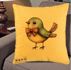 Perna Decorativa Pasare Bleu cu Fundita Rosie, 40x40 cm, Galben, Husa Detasabila, Perna Inclusa, BEKZ®