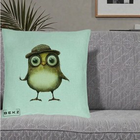 Perna Decorativa Pui Intelectual cu Palarie Tweed, 40x40 cm, Verde Menta, Husa Detasabila, Perna Inclusa, BEKZ®