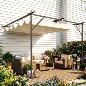 Outsunny Pergolă Adosată 3x3 m cu Acoperiș Retractabil, Orificii de Drenaj, Pergolă de Grădină din Poliester și Oțel, pentru Terasă, Exterior, UV30+, Alb Crem | Aosom Romania