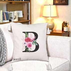 Cadou Personalizat - Perna Personalizata Monograma Florala Litera B, 40x40 cm, Bej cu Franjuri, Husa Detasabila, Perna Inclusa, BEKZ®