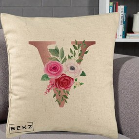Cadou Personalizat - Perna Personalizata Monograma Rose Gold Litera V, 40x40 cm, Bej, Husa Detasabila, Perna Inclusa, BEKZ®