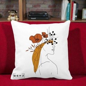 Perna Decorativa Portret Feminin Maci Rosii Auriu, 40x40 cm, Alba Mata, Husa Detasabila, Perna Inclusa, BEKZ®