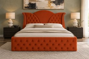 Pat tapițat Chesterfield din catifea Velora Deluxe Classic 160×200 cm, cărămiziu, cu ladă de depozitare