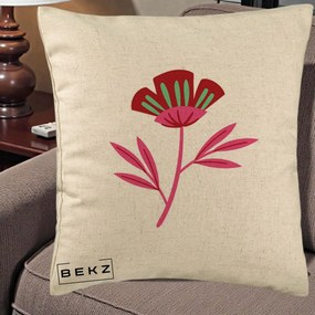 Perna Decorativa Floare Macul Roz-Rosu Grafic, 40x40 cm, Bej, Husa Detasabila, Perna Inclusa, BEKZ®