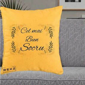 Cadou pentru Socru - Perna Personalizata Cel mai Bun Socru cu Ramuri Frunze Albastre si Aurii, 40x40 cm, Galben, Husa Detasabila, Perna Inclusa, BEKZ®