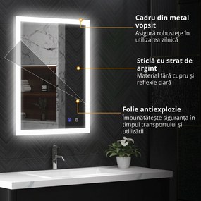 Kleankin Oglinda LED, Oglinda de Machiaj de Perete cu 3 Lumini, 800x600mm, Tactilă, Anti-Ceță, Montare Orizontală/Verticală | Aosom Romania