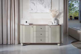 Comodă cu sertare pe picioare rotunde Vesper 160 cm - cașmir / nuc / mânere negre