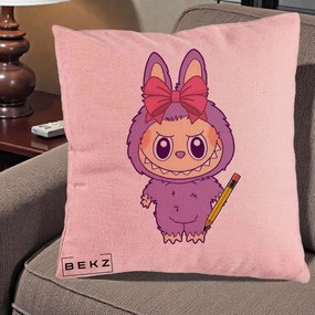 Perna Personalizata Labubu Mov cu Funda Rosie si Creion, 40x40 cm, Roz, Husa Detasabila, Perna Inclusa, BEKZ®