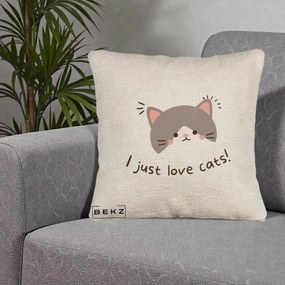 Perna Personalizata I Just Love Cats Pisica Kawaii, 40x40 cm, Bej Canapea, Husa Detasabila, Perna Inclusa, BEKZ®