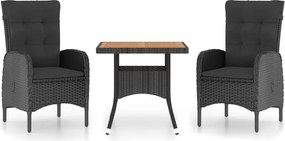 vidaXL Set mobilier grădină, 3 piese, negru, poliratan și lemn acacia