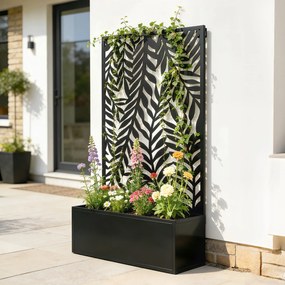Outsunny Jardinieră cu protecție vizuală jardinieră cu spalier motive cu frunze tropicale 61 x 23 x 113 cm Negru | Aosom Romania