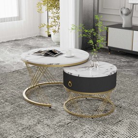 Set de 2 Măsuțe de Cafea Moderne Modulare din Marmură Sintetică cu Detalii Aurii și Sertare, Dimensiuni 70x70x45 cm și 50x50x40 cm, Alb