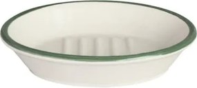 Săpunieră din ceramică artizanală albă cu bordură verde, formă ovală, 14 × 10,5 × 3,2 cm, „Edith"