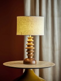 Lampă de masă din lemn de mango, maro, picior sculptat din forme rotunjite suprapuse, abajur textil, finisaj lăcuit, 52 x 30 cm, „Elinora”