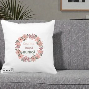 Cadou pentru Bunica - Perna Personalizata Cea Mai Buna Bunica Coronita Flori Roz, 40x40 cm, Alba Mata, Husa Detasabila, Perna Inclusa, BEKZ®
