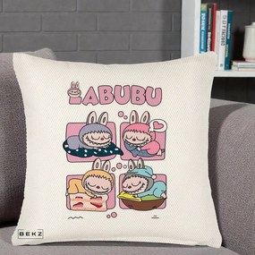 Perna Personalizata Labubu Sleeping Quad Grid, 40x40 cm, Crem Reliefat, Husa Detasabila, Perna Inclusa, BEKZ®