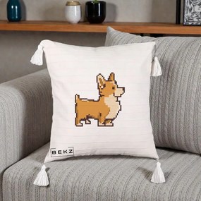 Perna Personalizata Corgi Pixel Art, 40x40 cm, Bej cu Franjuri, Husa Detasabila, Perna Inclusa, BEKZ®