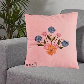 Perna Decorativa Buchet Primavara Acuarela, 40x40 cm, Roz, Husa Detasabila, Perna Inclusa, BEKZ®