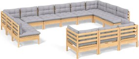 vidaXL Set mobilier grădină cu perne, 13 piese, gri, lemn de pin