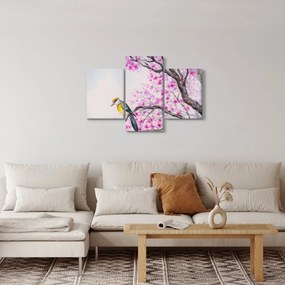 Tablou - Pasăre pe un copac cu flori roz (90x60 cm)