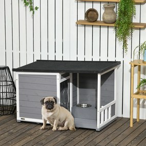 PawHut Căsuță pentru câini din lemn masiv, cu 2 boluri, verandă, rezistent la intemperii, 103 cm x 62 cm x 66 cm, Gri + Alb | Aosom Romania