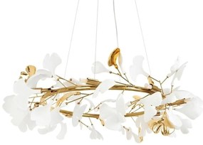 Lustra Suspendata, Metal Auriu, Petale Flori Albe Ceramice, FLORA 80