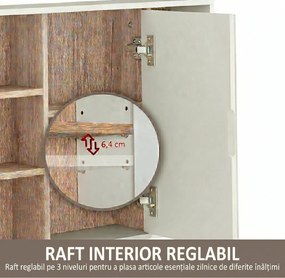 HOMCOM Dulap cu Oglinda din MDF si PAL, Dulap de Baie cu 3 Rafturi Laterale si Raft Interior Reglabil, 60x14.5x49.4 cm, Alb si Lemn Natur | Aosom RO