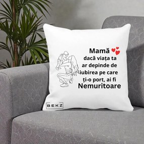 Cadou pentru Mama - Perna Personalizata Mama Nemuritoare Portret Graphic, 40x40 cm, Alba Mata, Husa Detasabila, Perna Inclusa, BEKZ®