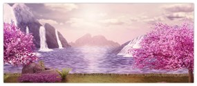 Tablou cu pomi roz cu lac (120x50 cm)